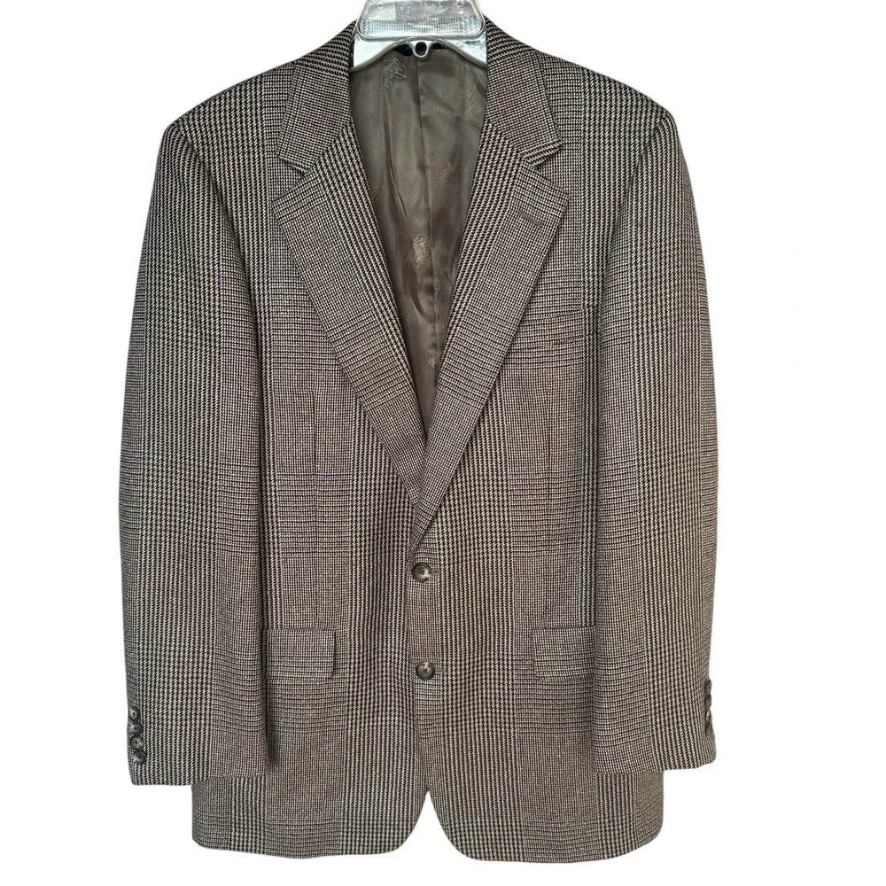 VTG Marvin Brown Dallas Canterbury Wool Silk Blazer Jacket 41L Brown Houndstooth